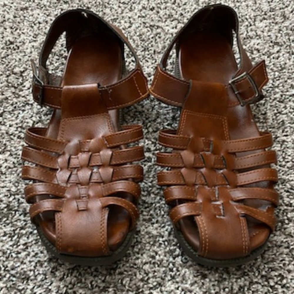 Tan LEATHER Men's FISHERMAN Basket-weave BUCKLE SANDALS * 9 (wider fit) * EUC